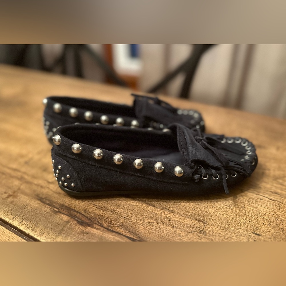 Minnetonka Black Studded Moccasin Flats